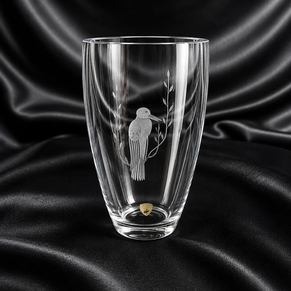 Orrefors Kosta Sweden Etched Bird Crystal Vase Oval Heavy Art Glass 7 inch